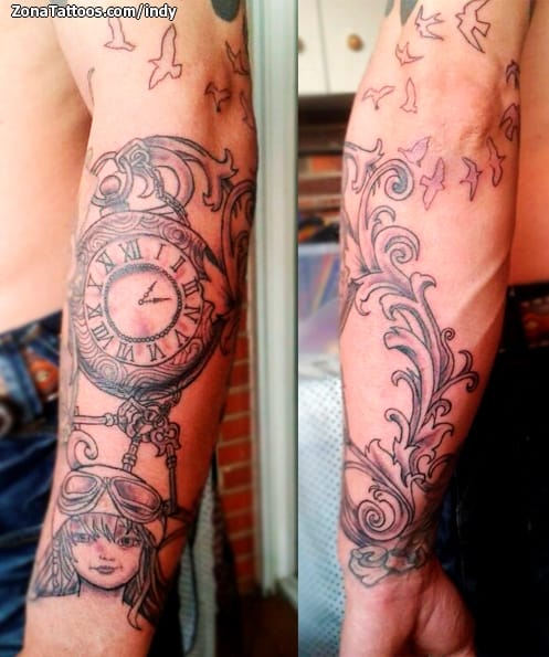 Foto de tatuaje Relojes, Aves, Rostros