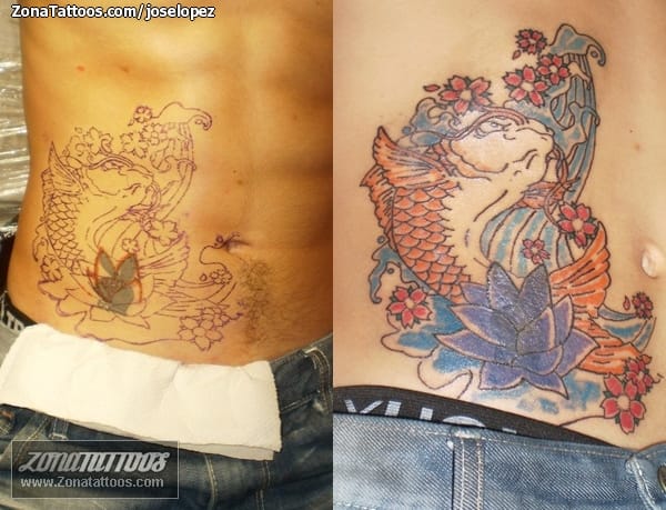 Foto de tatuaje Koi, Cover Up, Barriga