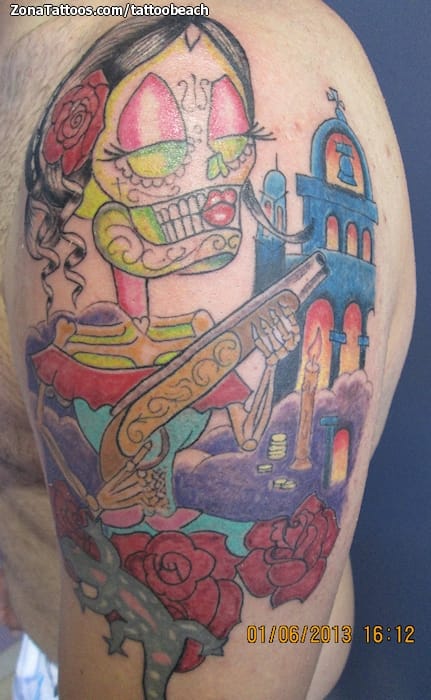 Tattoo photo Sugar Skull, Candles, Buildings