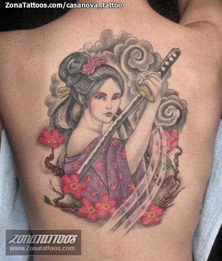 Tattoo photo Geisha, Back, Katanas