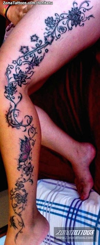 Foto de tatuaje Flores, Enredaderas, Pierna