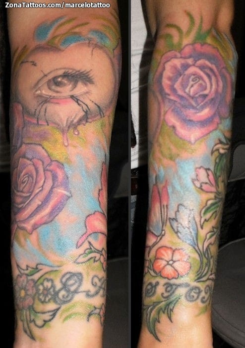 Foto de tatuaje Ojos, Flores, Brazo