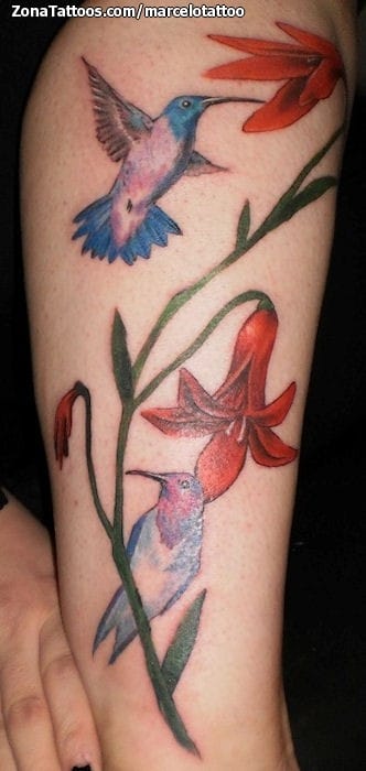 Foto de tatuaje Pierna, Flores, Aves