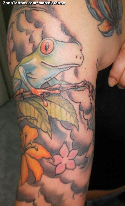 Tattoo photo Arm, Flowers, Frogs