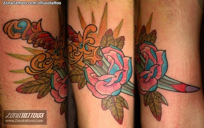 Tattoo photo Daggers, Roses, Leaves