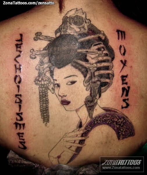 Tattoo photo Geisha, Skulls, Letters