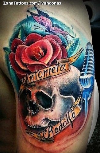 Foto de tatuaje Calaveras, Rosas, Micrófonos