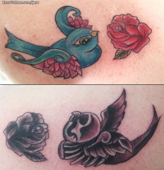 Foto de tatuaje Golondrinas, Rosas, Aves