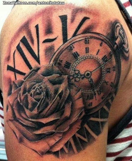 Tattoo photo Clocks, Roses, Flowers