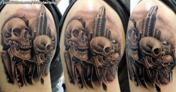 Tattoo photo Skulls, Buildings, Arm