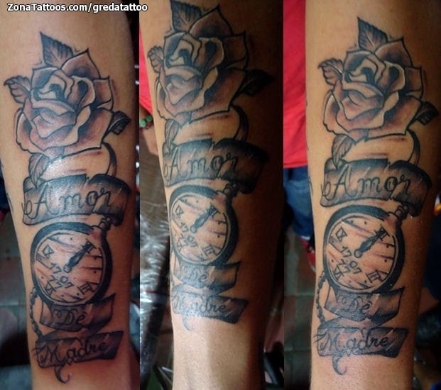 Tattoo photo Roses, Clocks, Letters