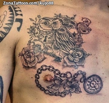 Tattoo photo Owls, Flowers, Clocks