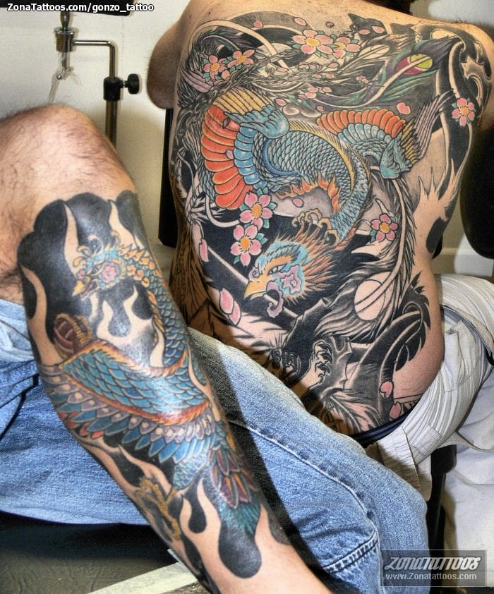 Tattoo photo Phoenix, Flowers, Asian