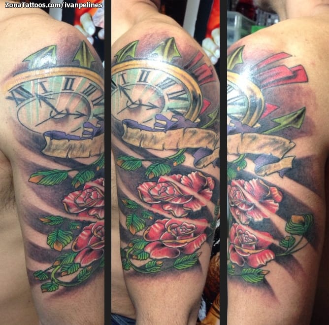 Tattoo photo Clocks, Flowers, Roses