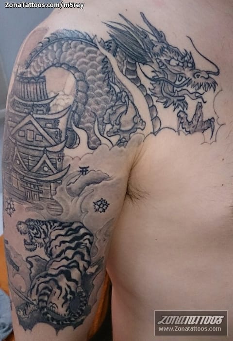 Tattoo photo Dragons, Asian, Pagoda