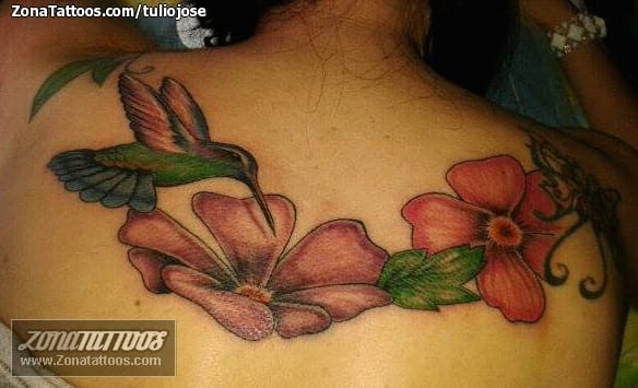 Foto de tatuaje Colibríes, Flores, Espalda