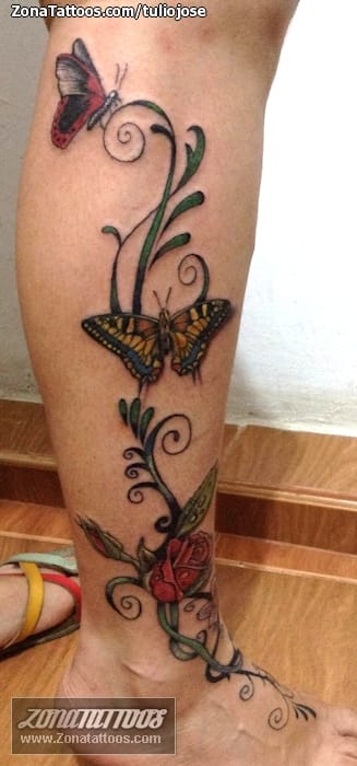 Foto de tatuaje Mariposas, Rosas, Enredaderas