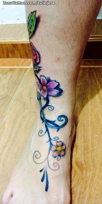 Tattoo of Vines, Flowers, Leg