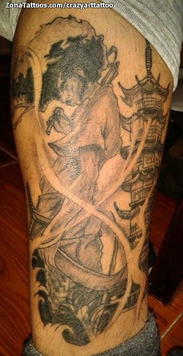 Tattoo photo Samurai, Pagoda, Leg