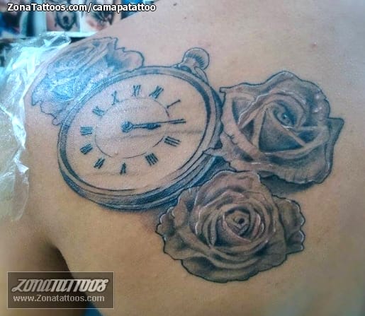 Tattoo photo Clocks, Roses, Flowers