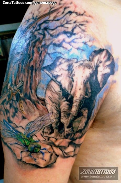 Tattoo photo Elephants, Dragonflies, Trees
