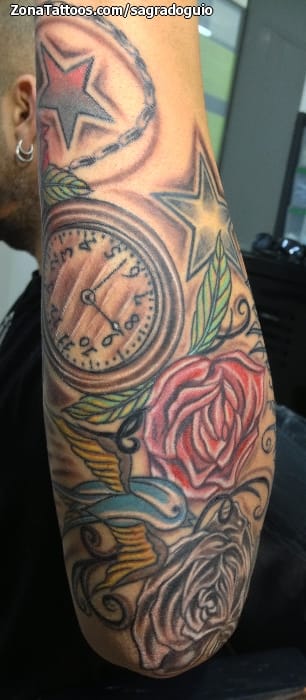 Tattoo photo Flowers, Roses, Clocks