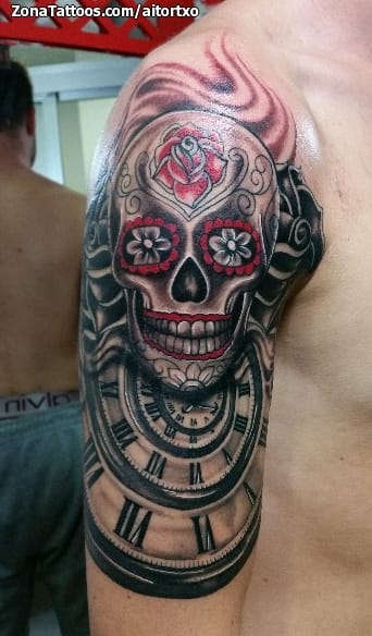 Tattoo photo Sugar Skull, Clocks, Spirals