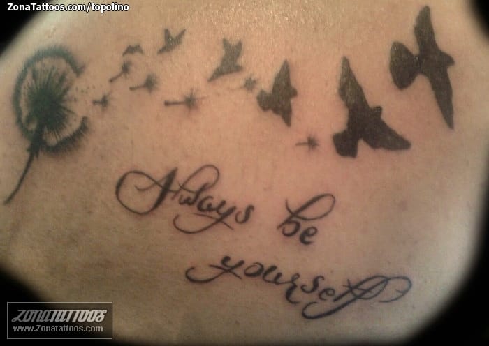 Tattoo photo Dandelions, Birds, Letters