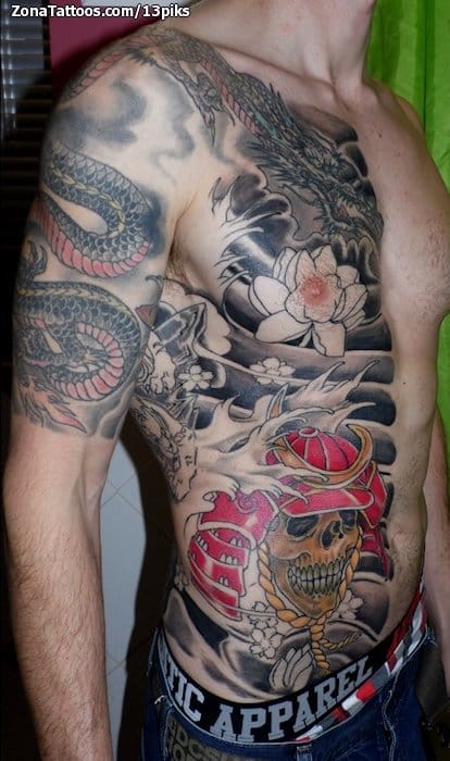 Foto de tatuaje Samurais, Dragones, Flores