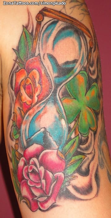 Tattoo photo Hourglass, Clovers, Flowers