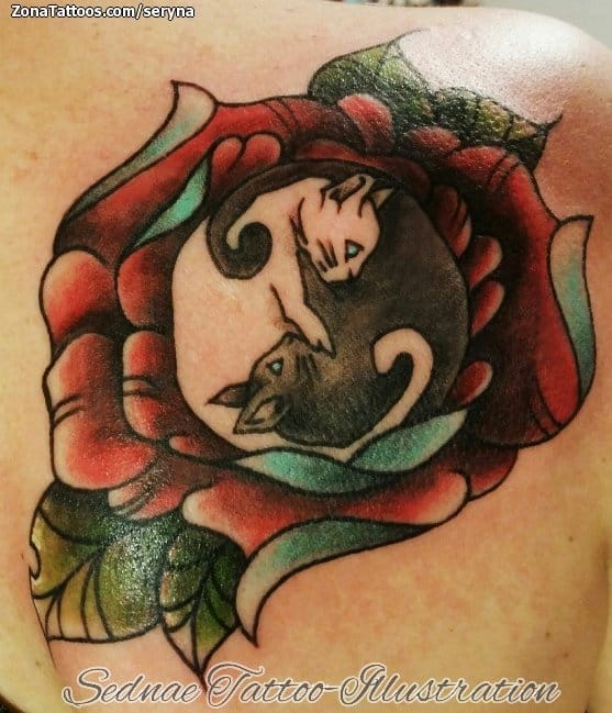 Foto de tatuaje Gatos, Yin y Yang, Flores