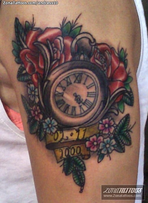 Foto de tatuaje Relojes, Rosas, Flores