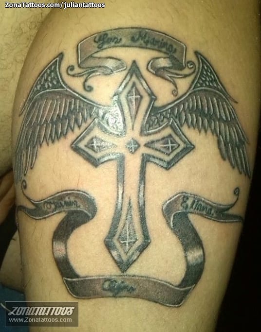 Tattoo photo Crosses, Wings, Scrolls