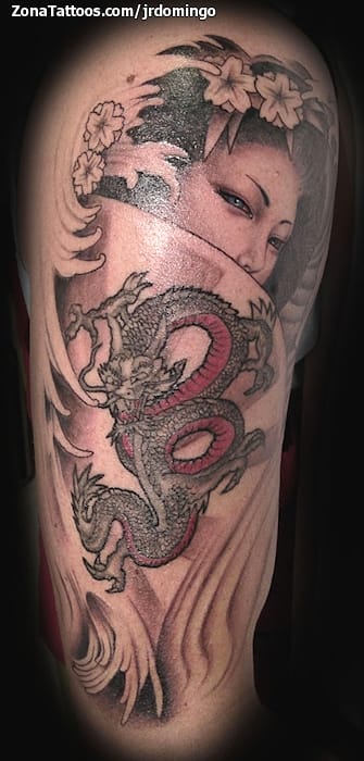 Tattoo photo Geisha, Dragons, Asian