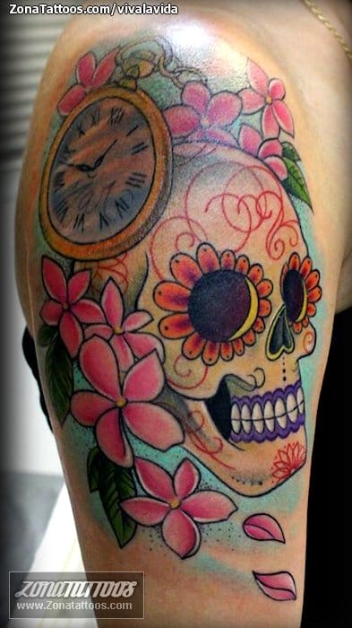 Tattoo photo Sugar Skull, Clocks, Flowers