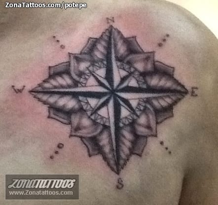 Tattoo photo Compass rose, Leaves