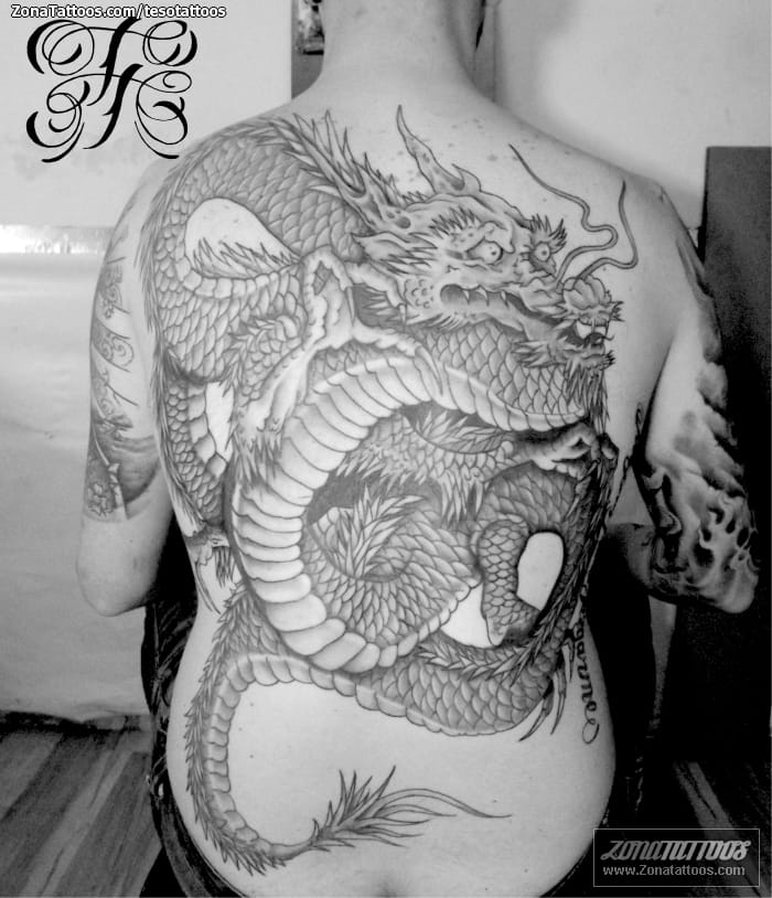 Tattoo photo Dragons, Back, Asian