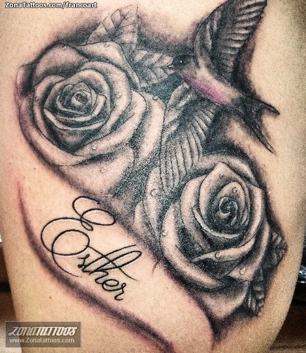 Tattoo photo Roses, Swallows, Esther