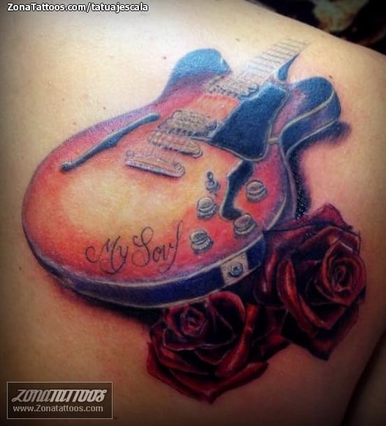 Tattoo photo Guitars, Roses, Flowers