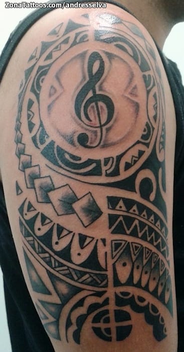 Tattoo photo Maori, Musical notes, Arm