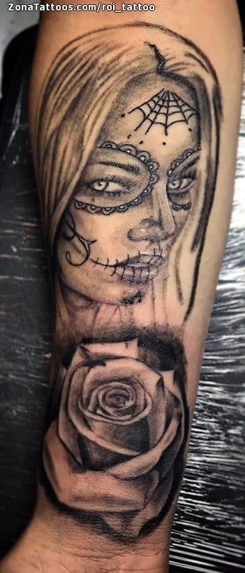 Foto de tatuaje Catrinas, Rosas, Brazo