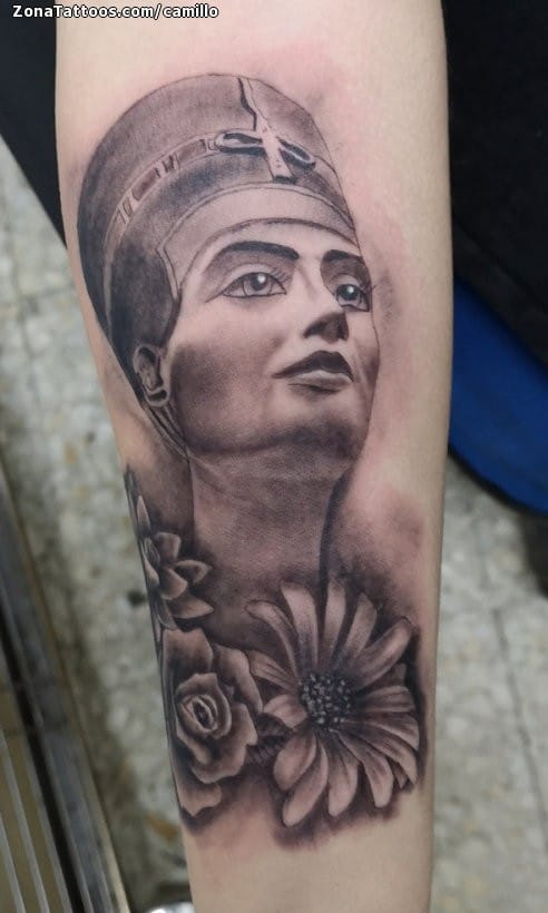 Tattoo photo Nefertiti, Egyptian, Flowers