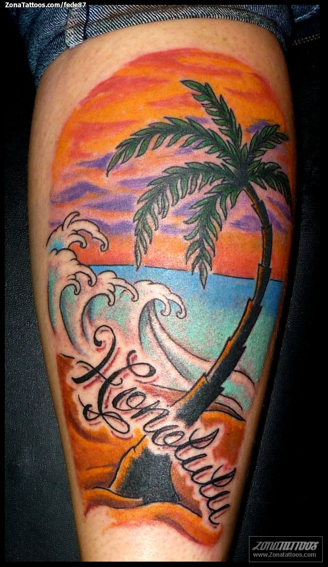 Tattoo photo Waves, Palm trees, Trees