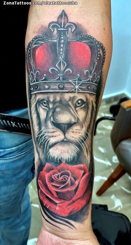 Tattoo of Lions, Crowns, Roses